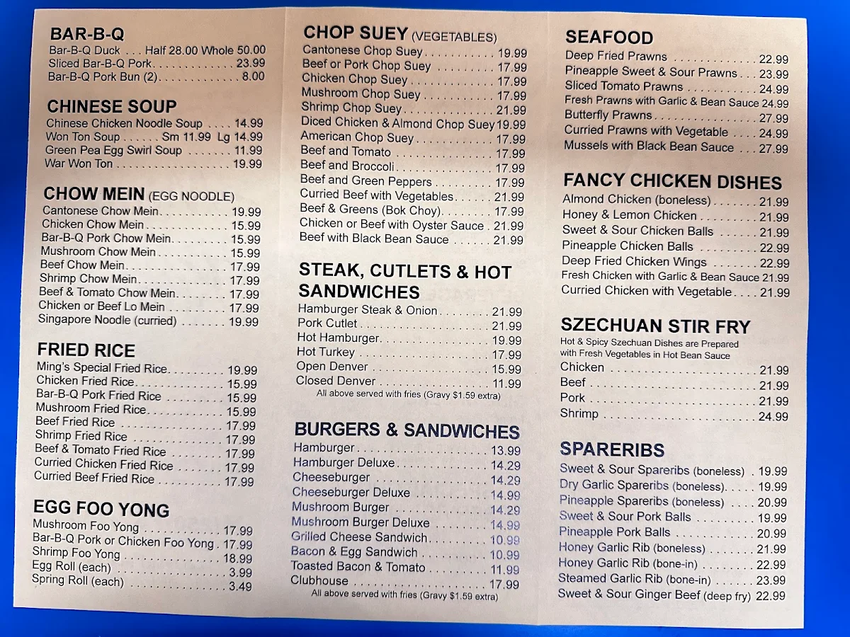 Menu, Ming's Kitchen