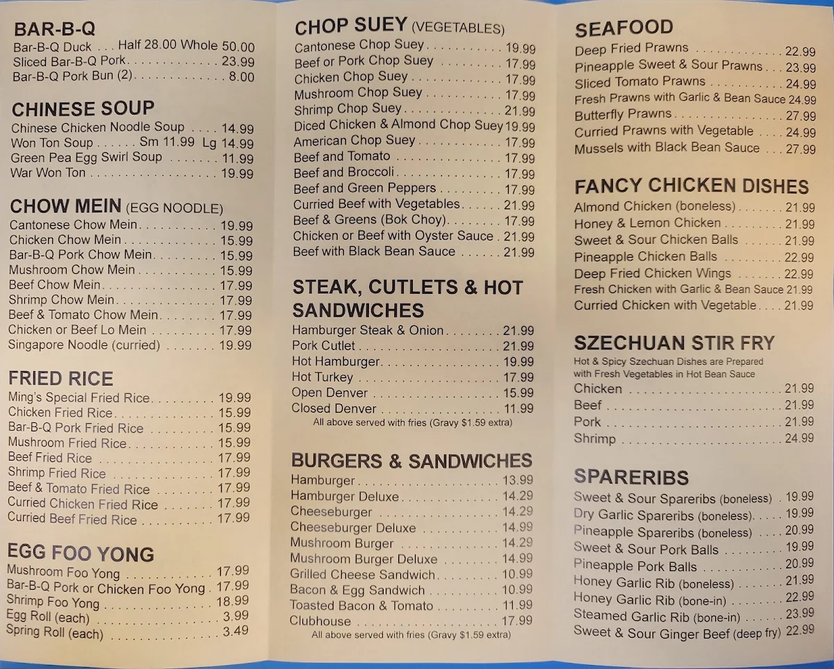 Menu, Ming's Kitchen
