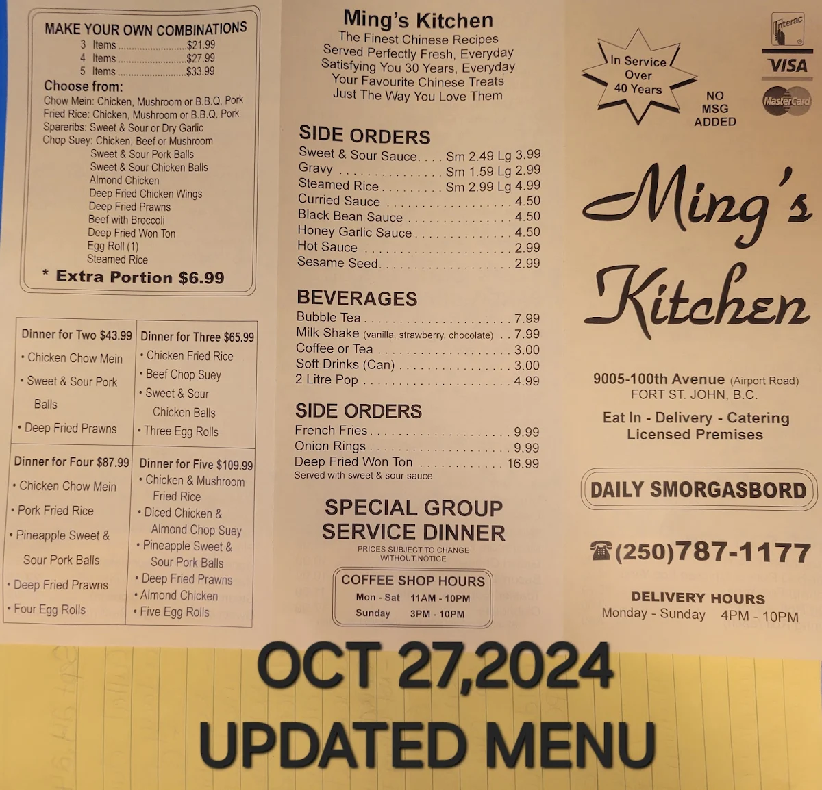 Menu, Ming's Kitchen