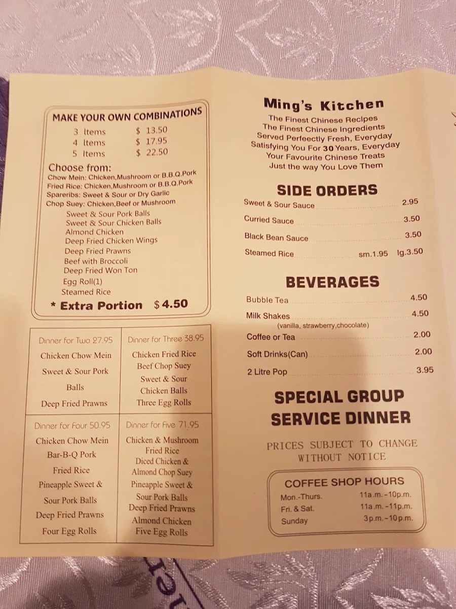Menu, Ming's Kitchen
