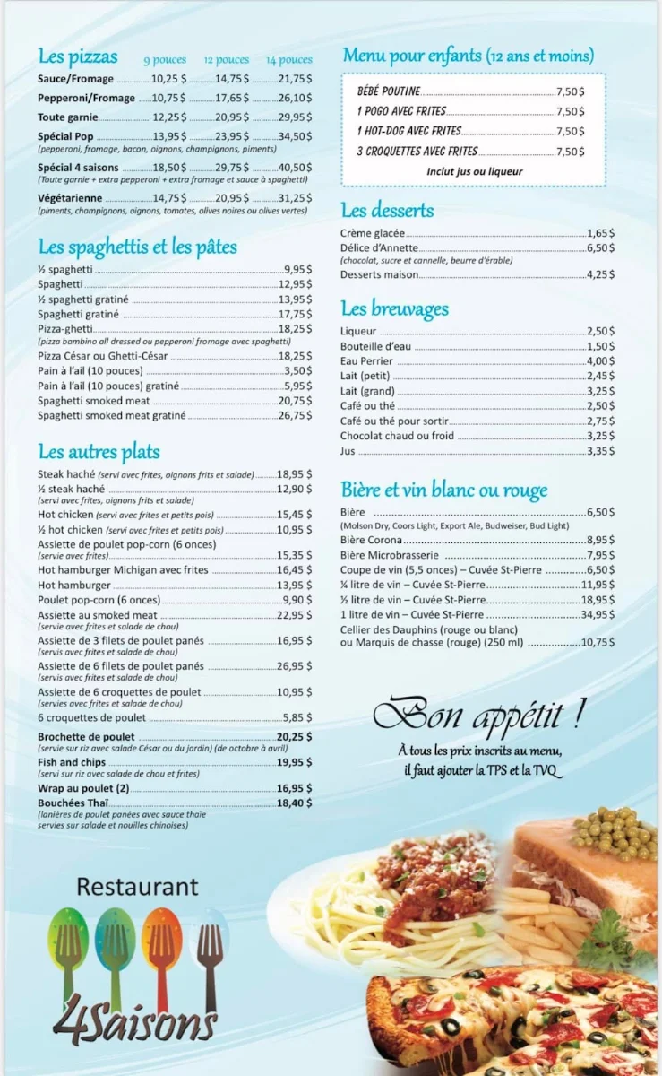 Menu, Restaurant 4 Saisons