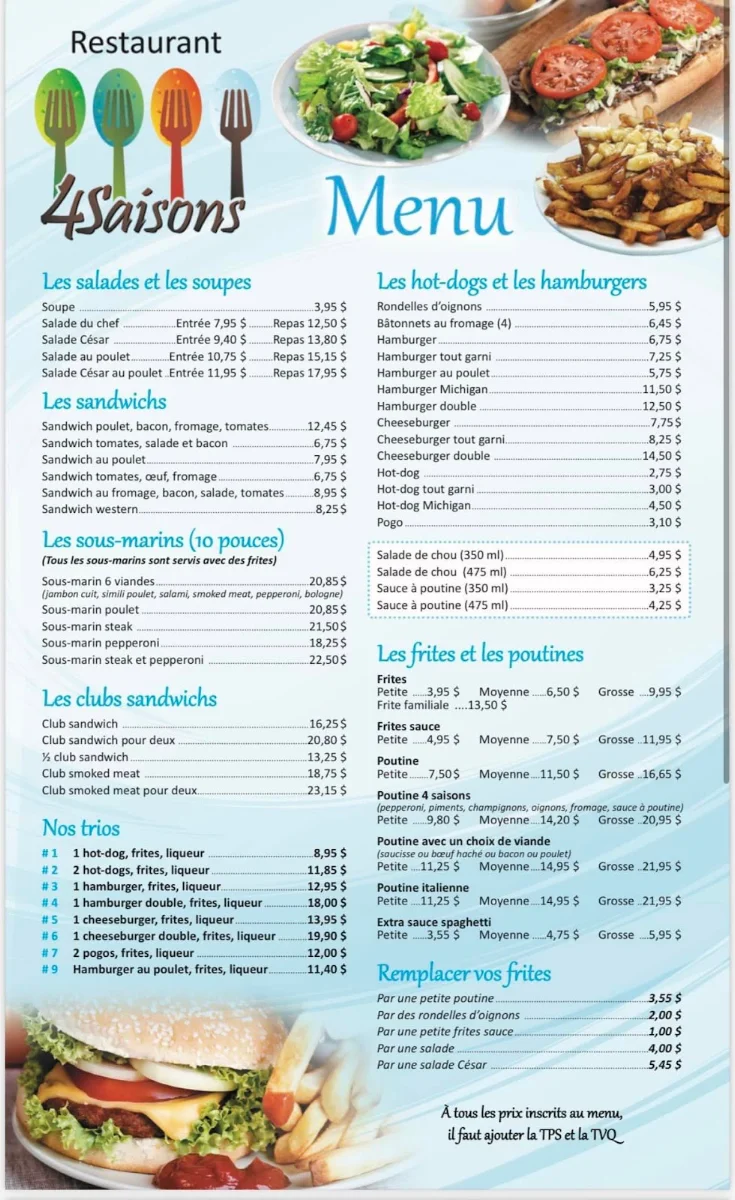 Menu, Restaurant 4 Saisons