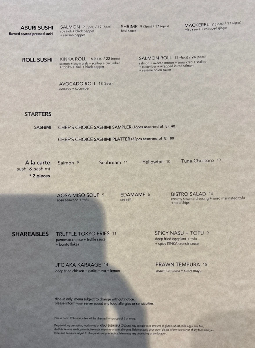 Menu, KINKA SUSHI BAR IZAKAYA HARBOURFRONT