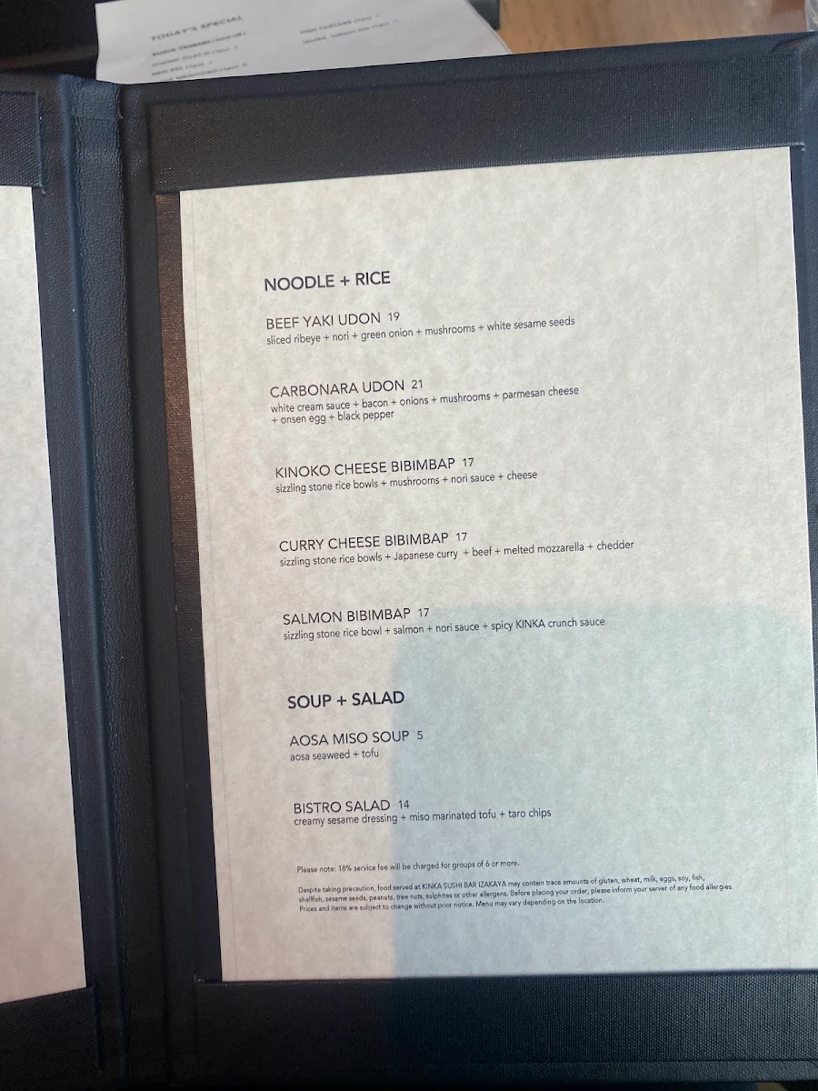 Menu, KINKA SUSHI BAR IZAKAYA HARBOURFRONT