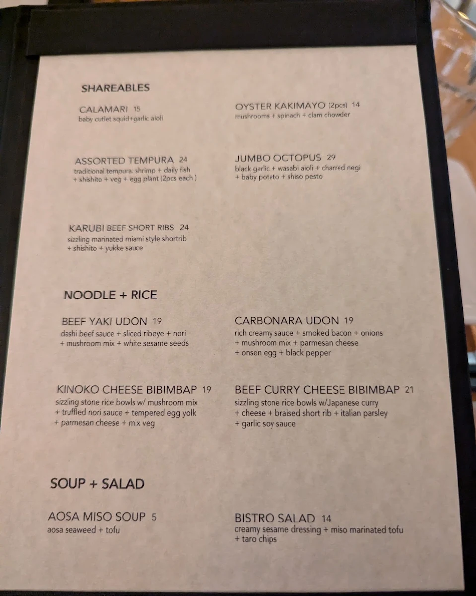Menu, KINKA SUSHI BAR IZAKAYA HARBOURFRONT