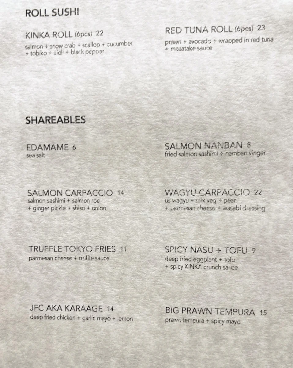 Menu, KINKA SUSHI BAR IZAKAYA HARBOURFRONT