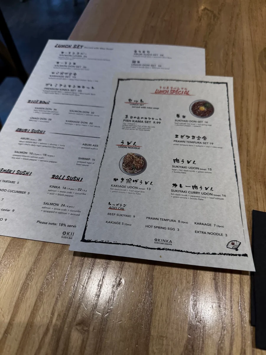Menu, KINKA SUSHI BAR IZAKAYA HARBOURFRONT