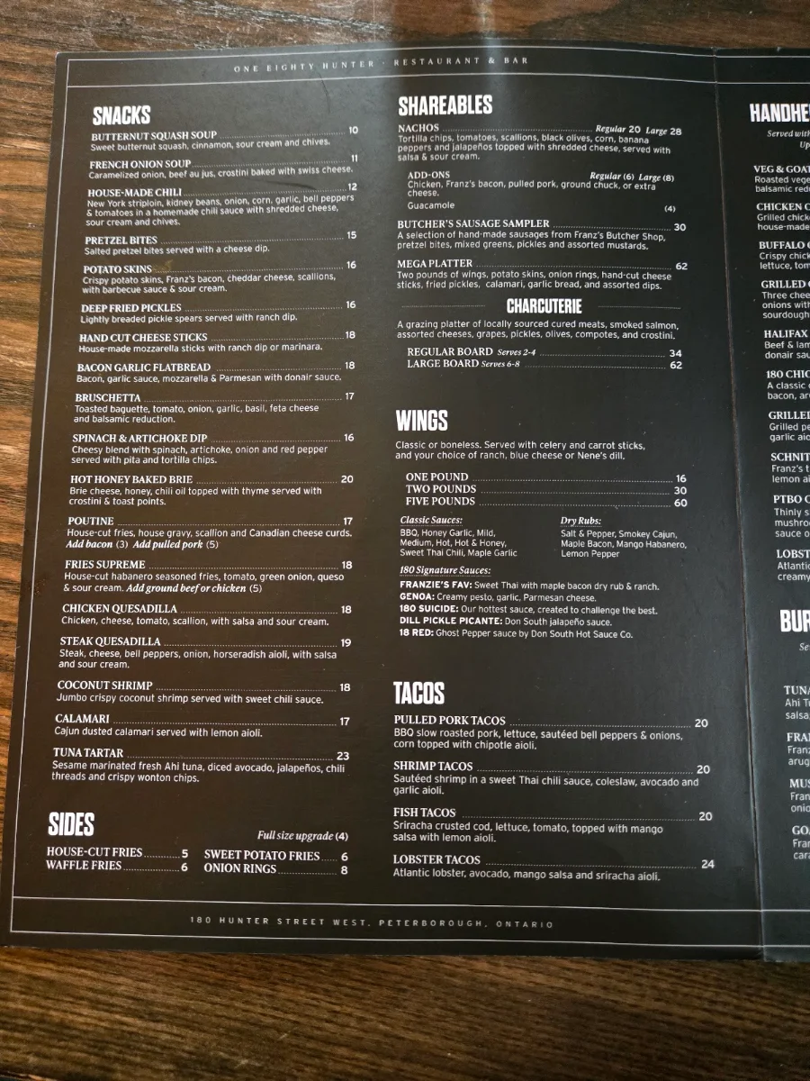 Menu, One Eighty Sports Pub