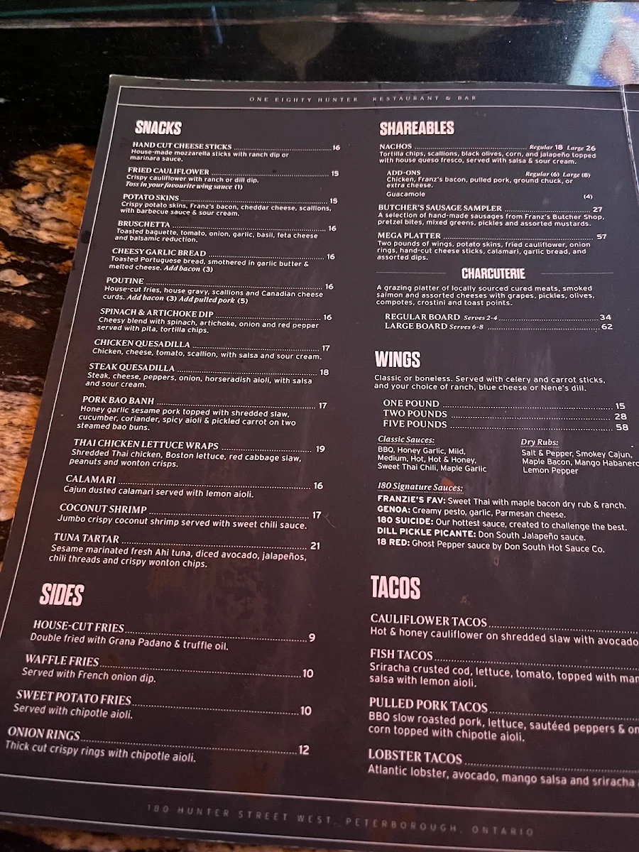 Menu, One Eighty Sports Pub