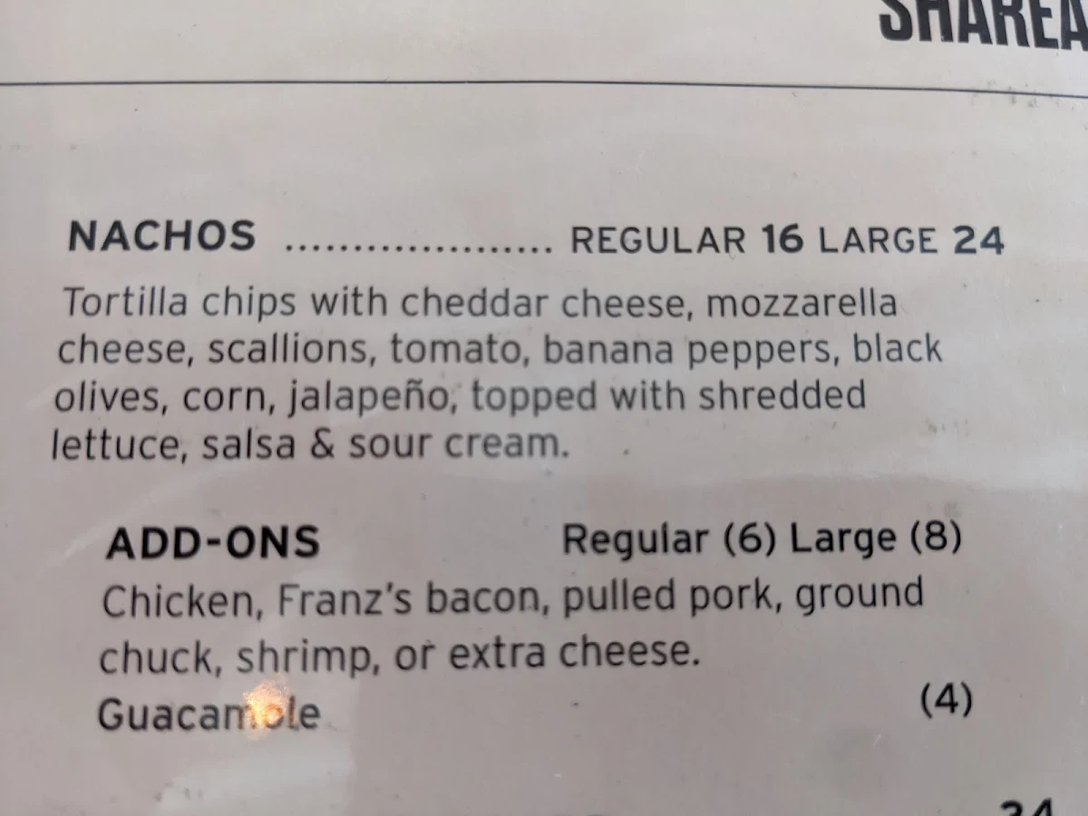 Menu, One Eighty Sports Pub