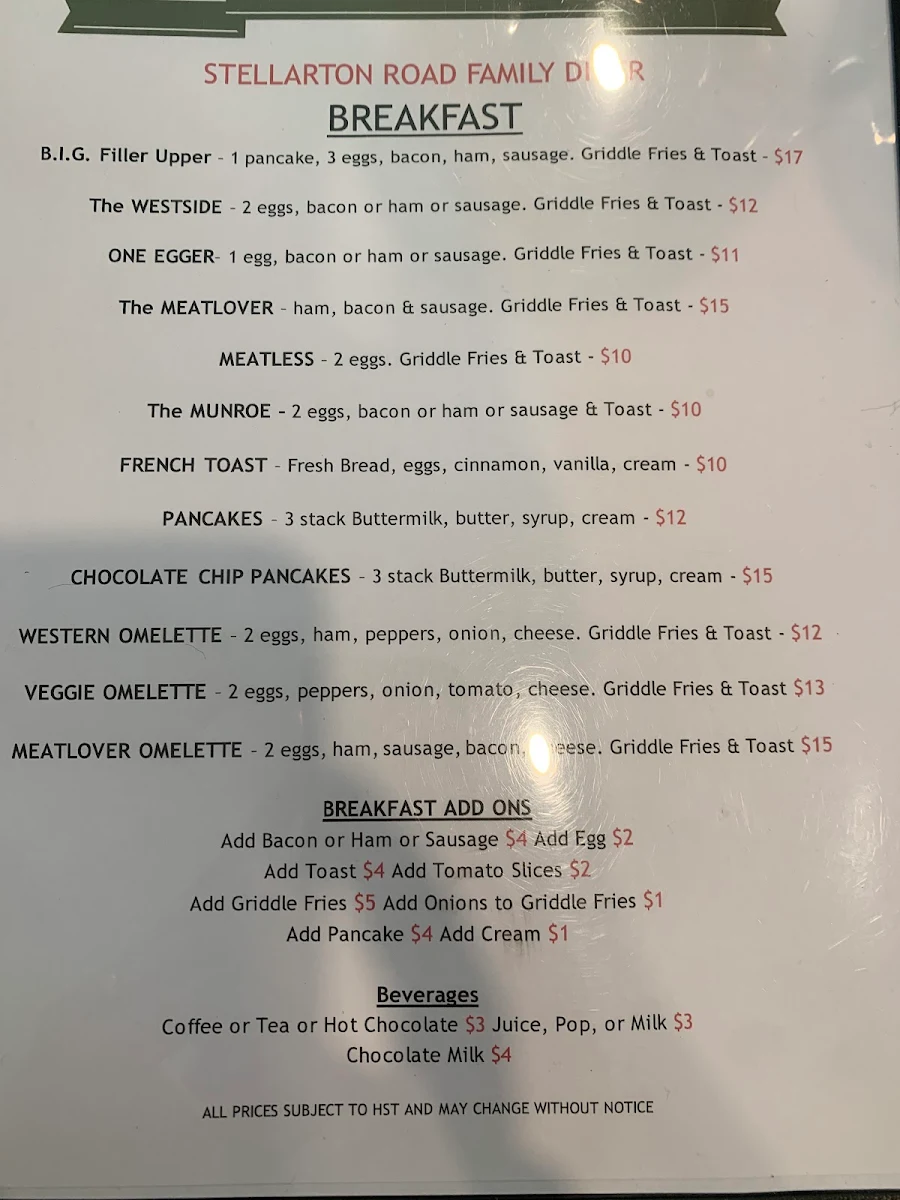 Menu, Stellarton Road Family Diner