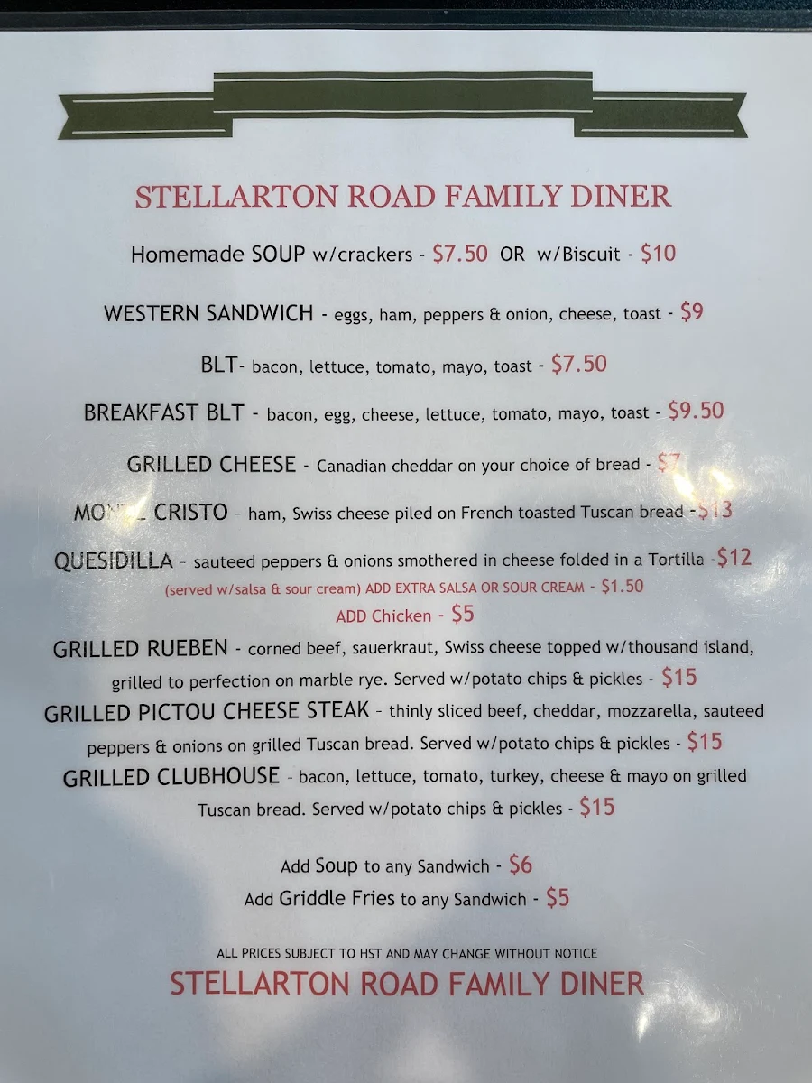 Menu, Stellarton Road Family Diner