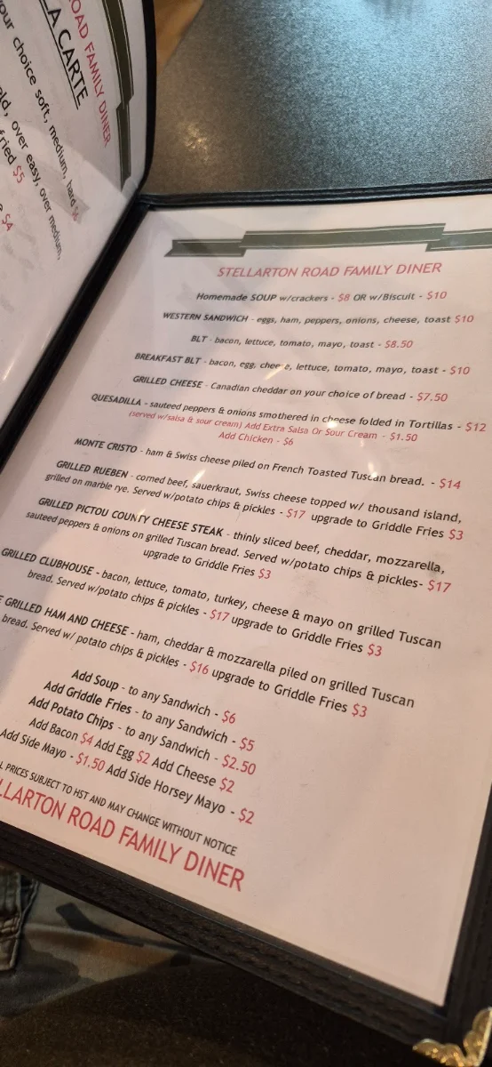 Menu, Stellarton Road Family Diner