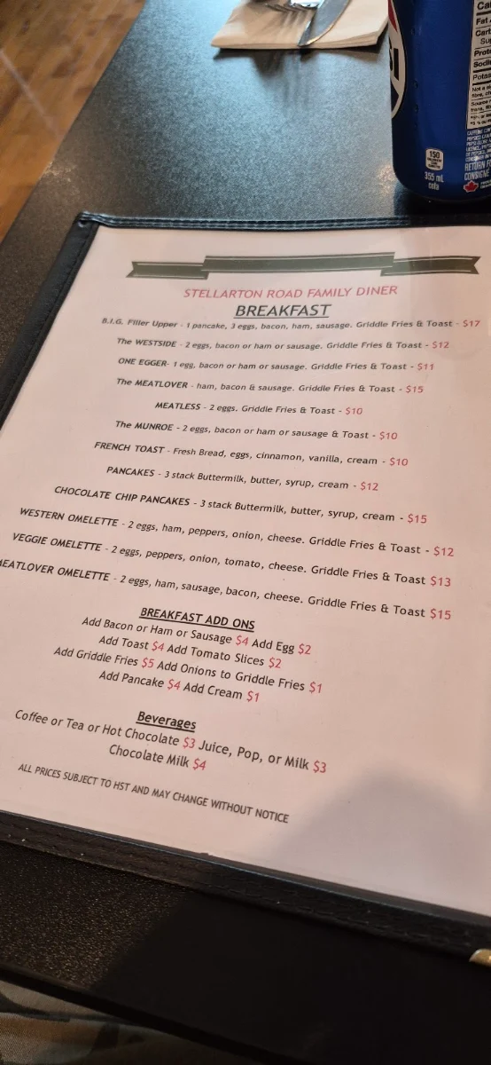 Menu, Stellarton Road Family Diner
