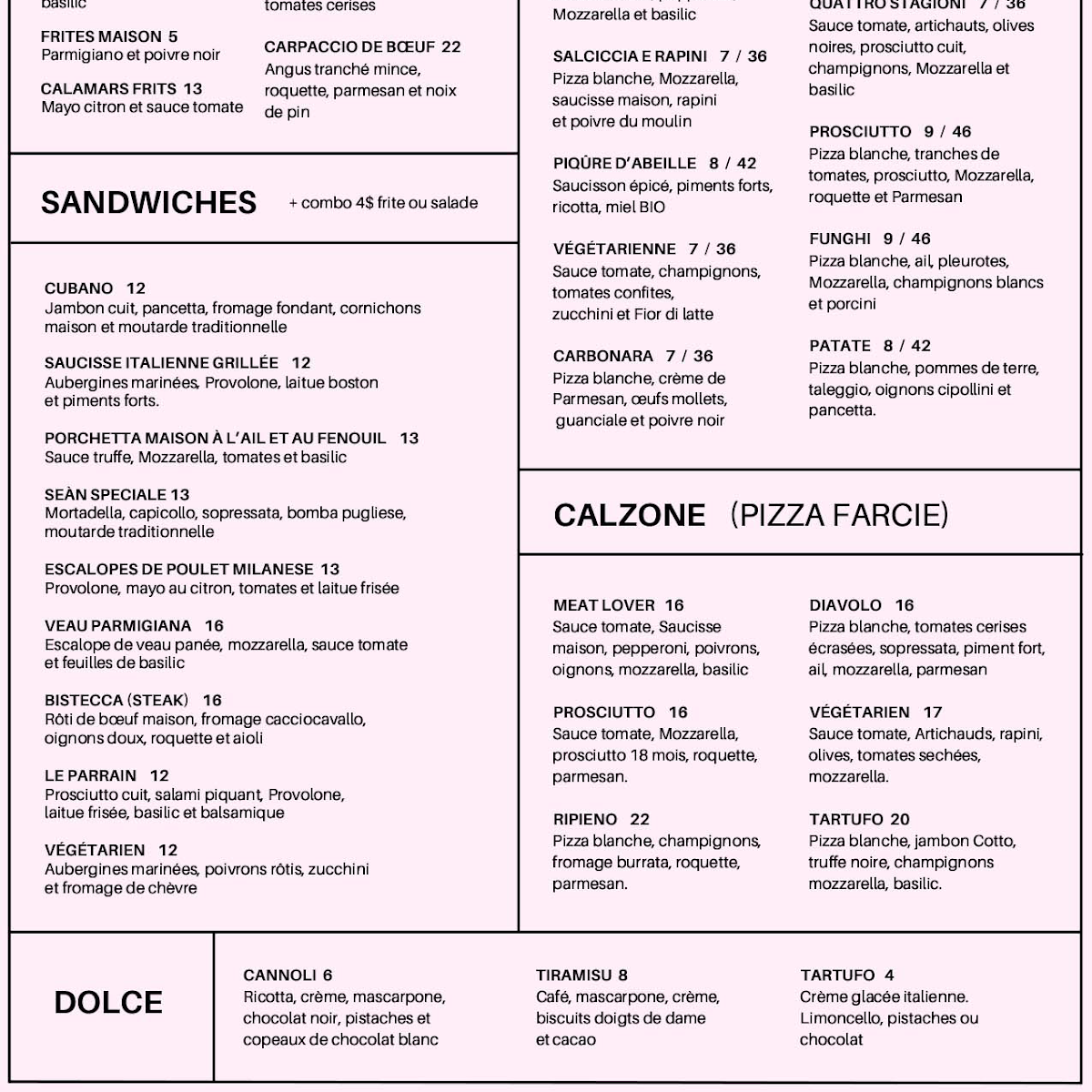 Menu, Gigi's déli et pizza