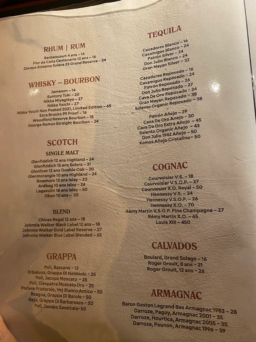 Menu, Moishes
