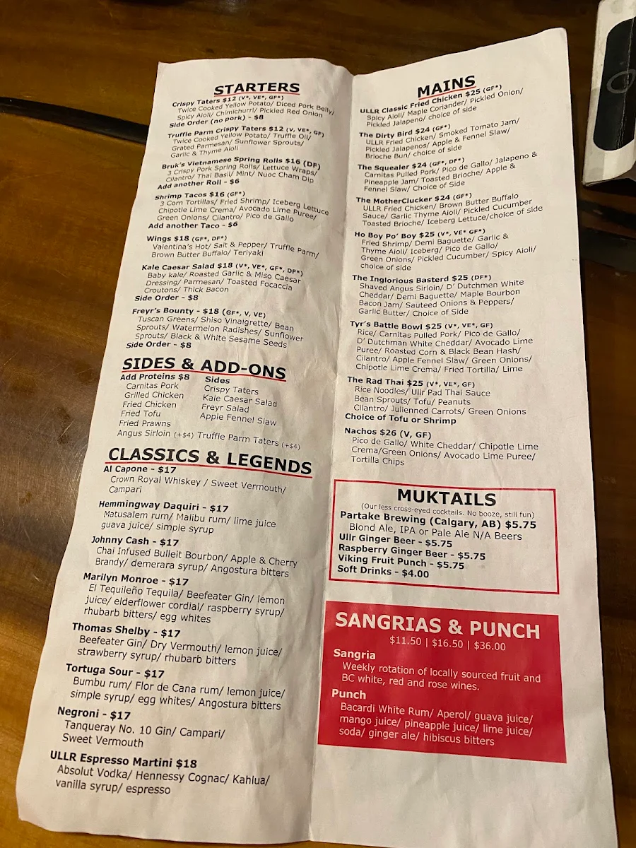 Menu, Ullr Bar