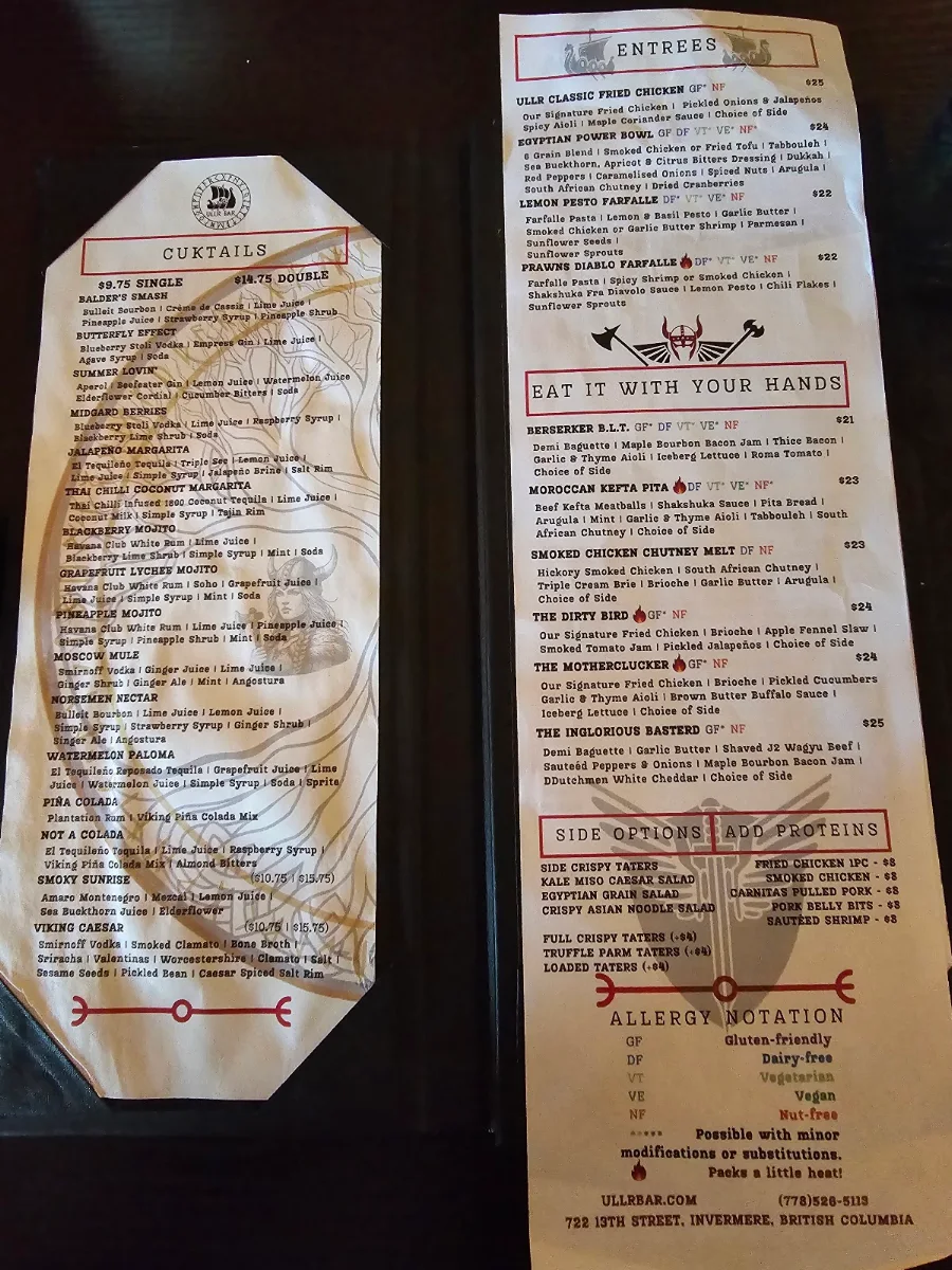 Menu, Ullr Bar