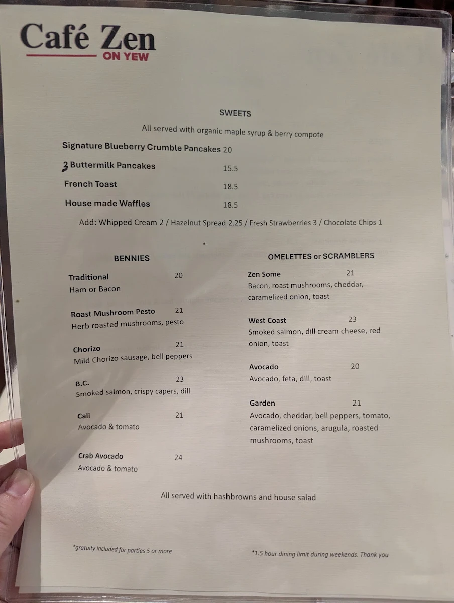 Menu, Cafe Zen On Yew