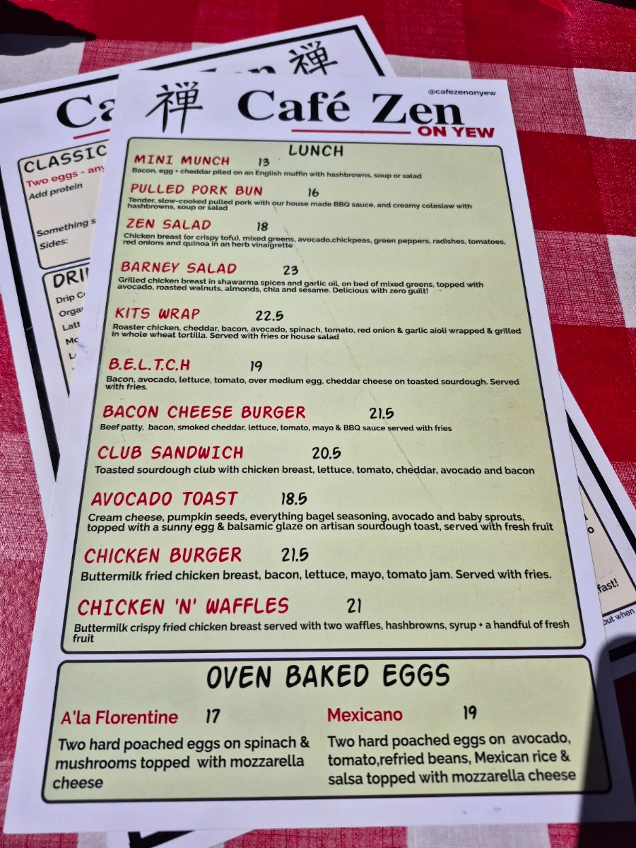 Menu, Cafe Zen On Yew