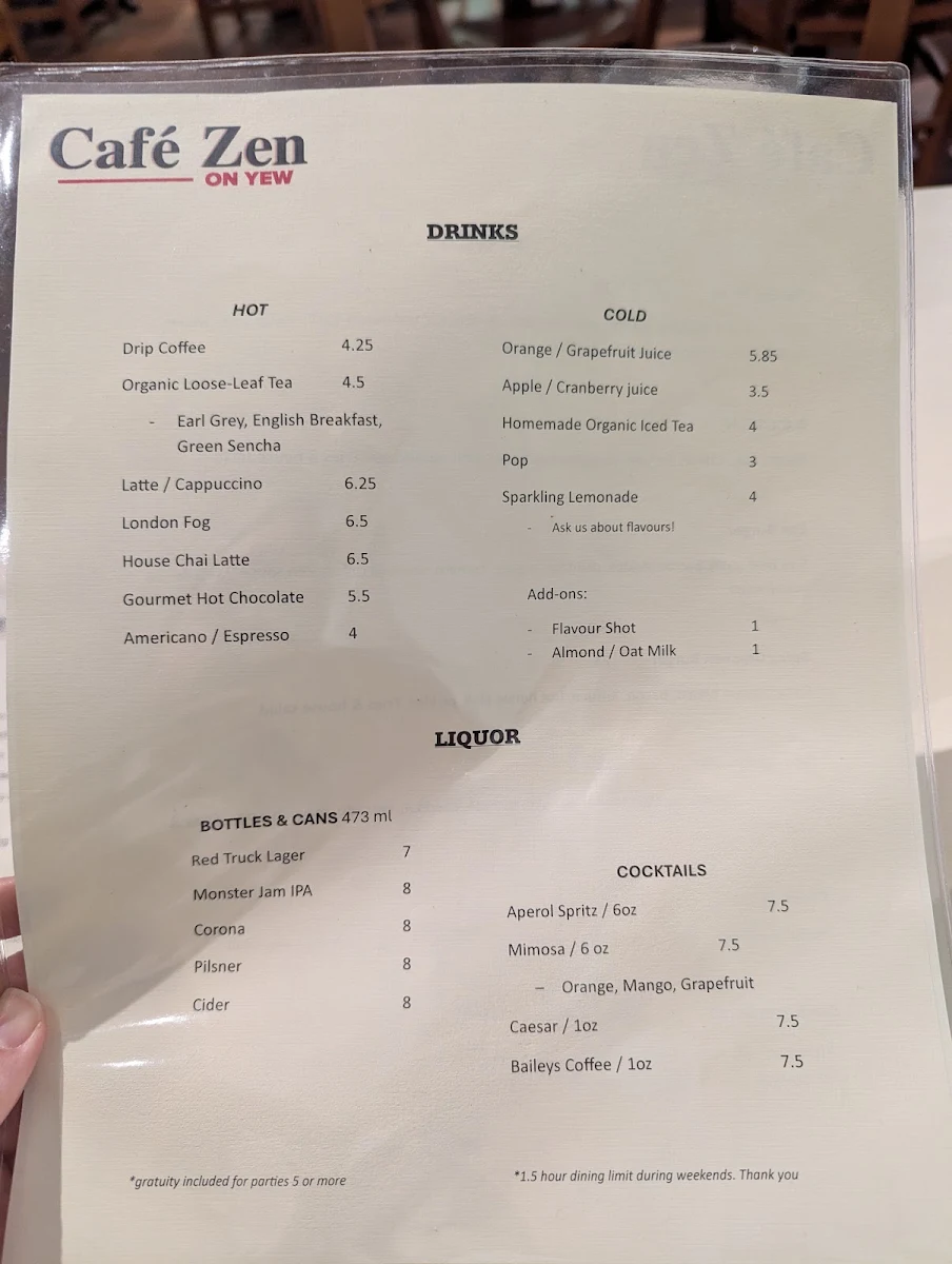 Menu, Cafe Zen On Yew