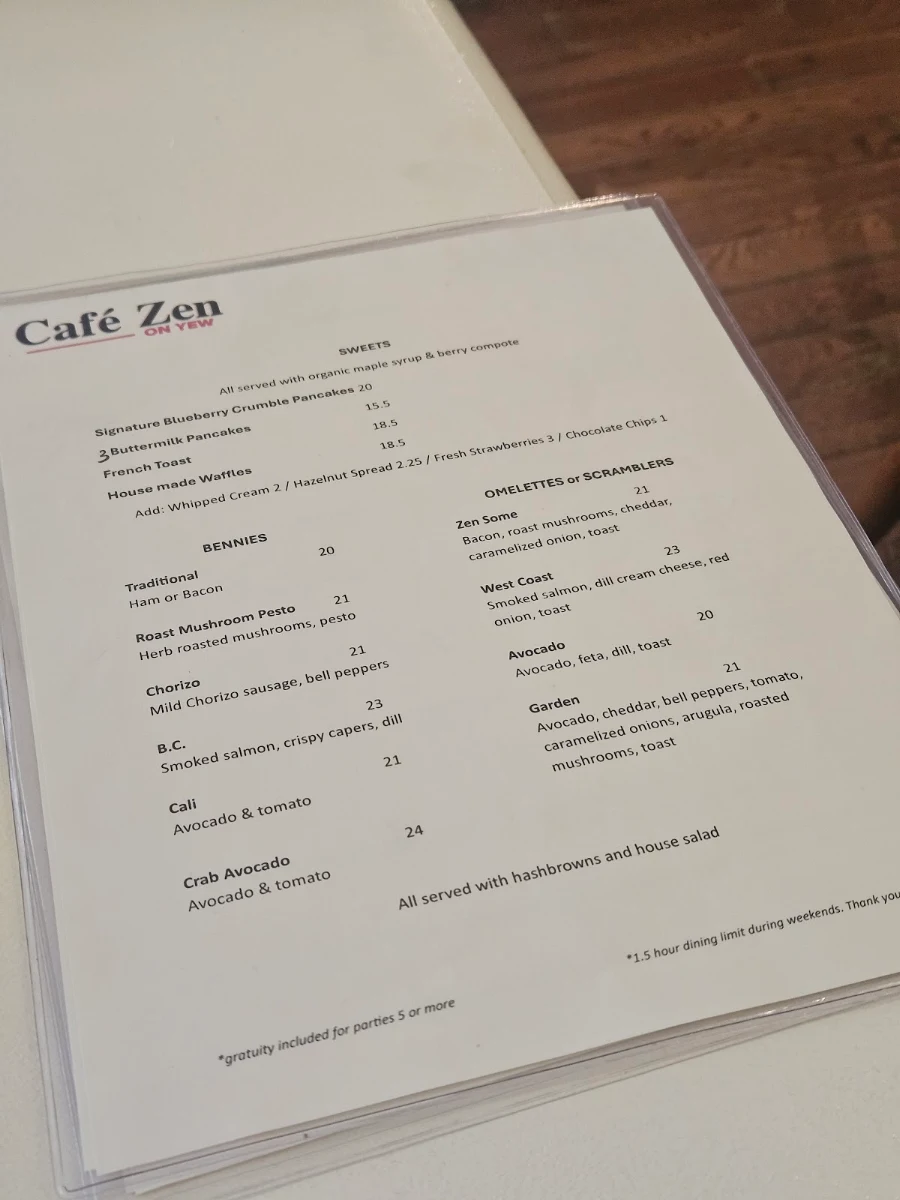 Menu, Cafe Zen On Yew