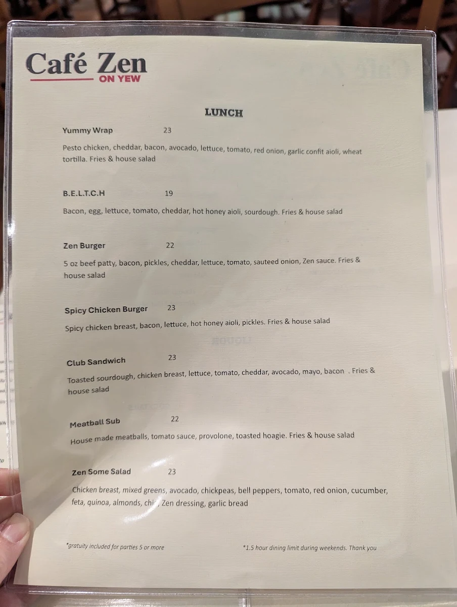Menu, Cafe Zen On Yew