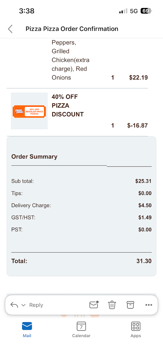 Menu, Pizza Pizza