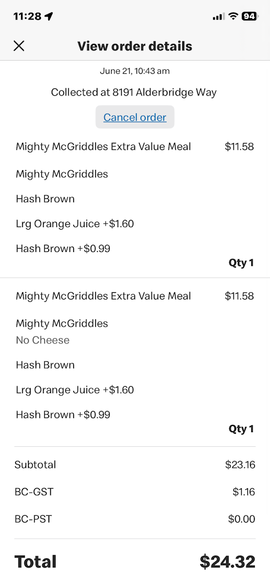 Menu, McDonald's