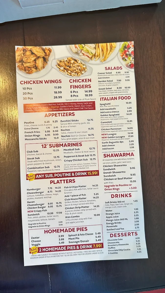 Menu, GOLDEN CENTER PIZZA