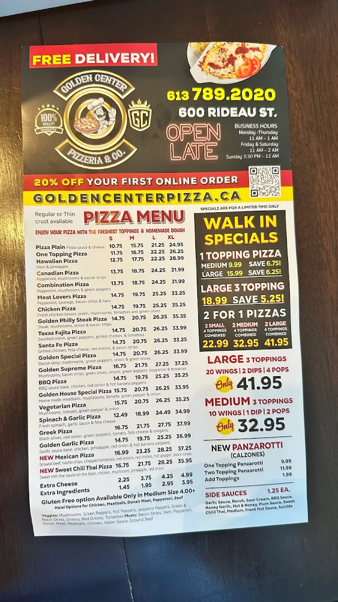Menu, GOLDEN CENTER PIZZA
