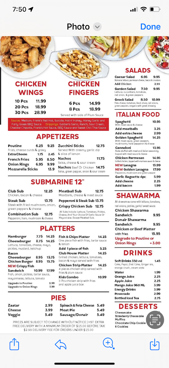 Menu, GOLDEN CENTER PIZZA
