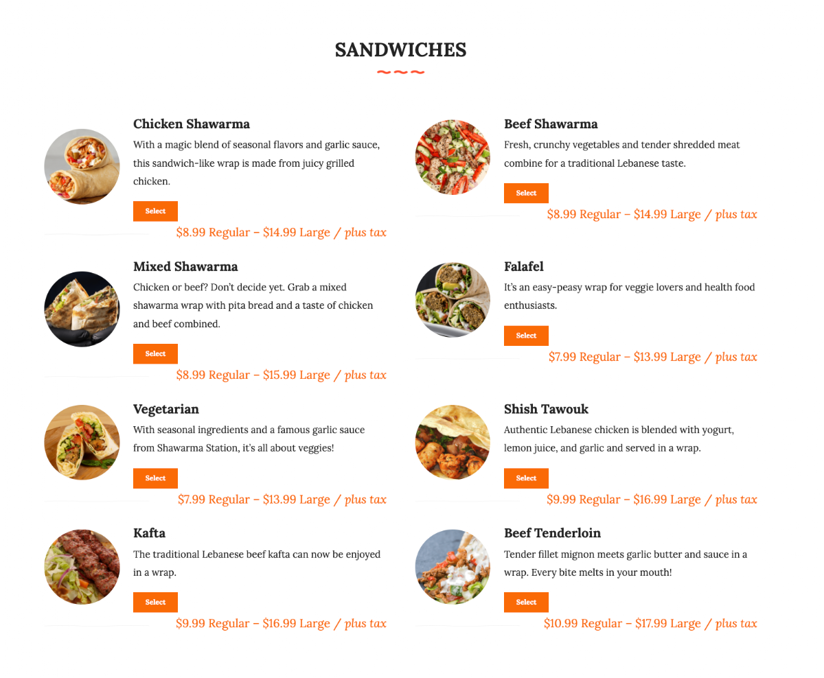 Menu, Shawarma Station