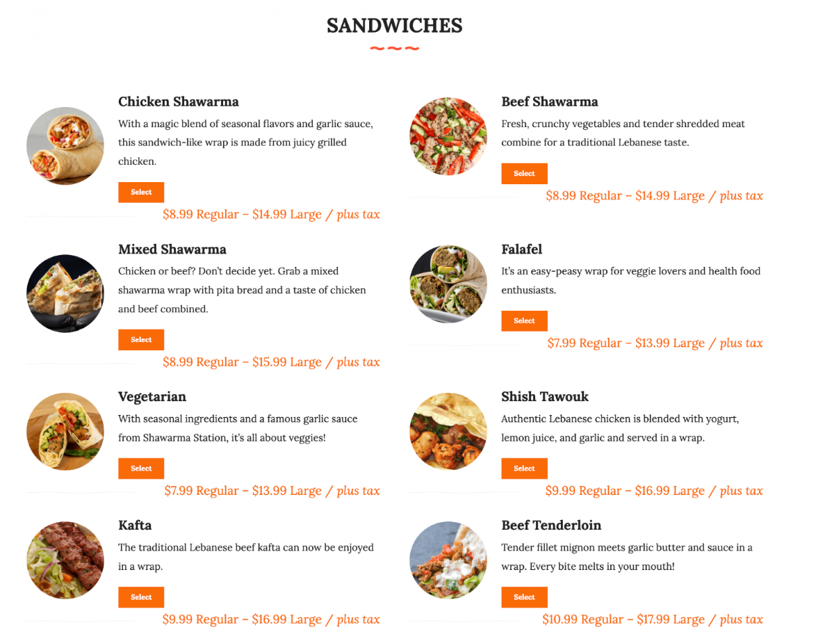 Menu, Shawarma Station