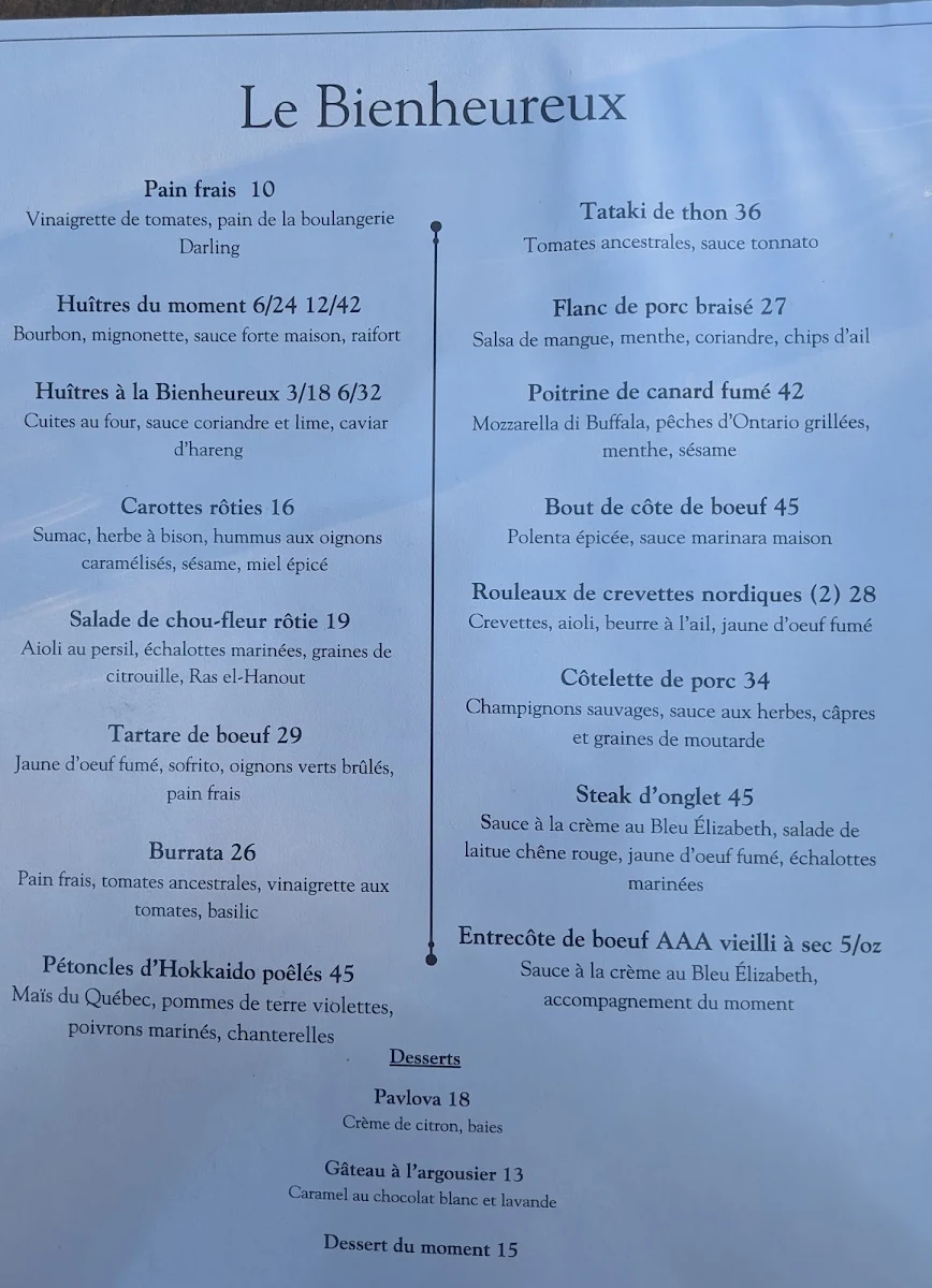 Menu, Restaurant Le Bienheureux