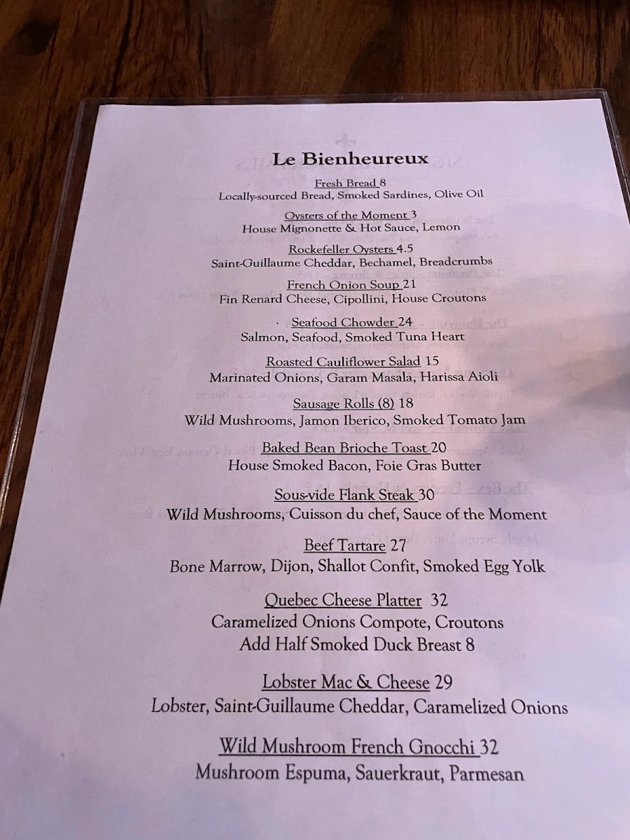 Menu, Restaurant Le Bienheureux
