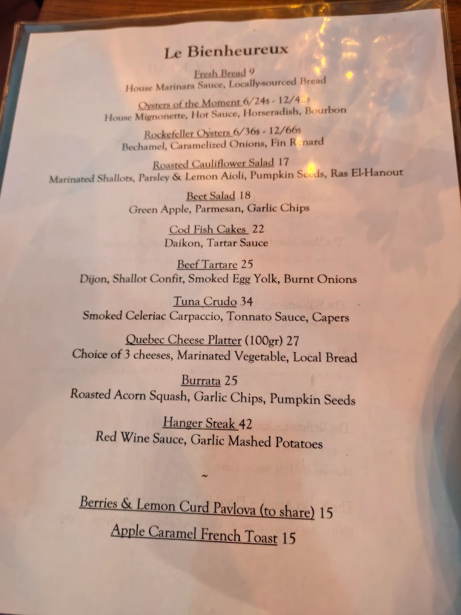 Menu, Restaurant Le Bienheureux