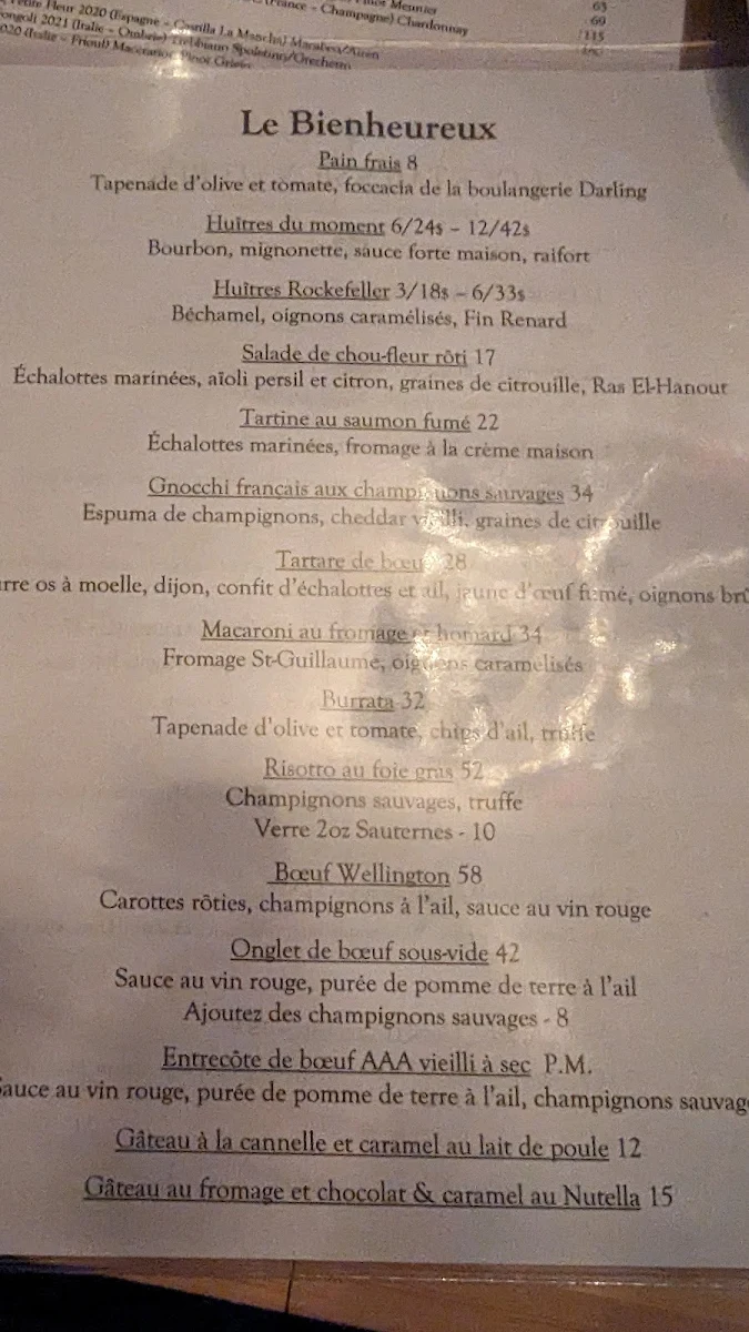 Menu, Restaurant Le Bienheureux