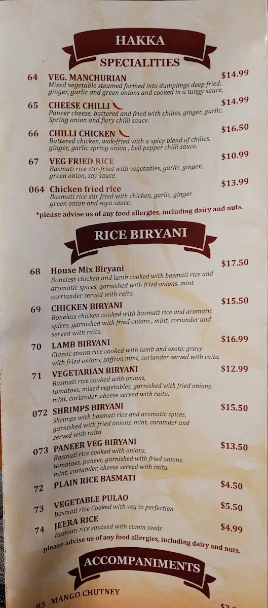 Menu, Prince of India Burlington