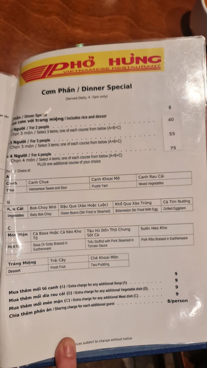 Menu, Phở Hưng Restaurant