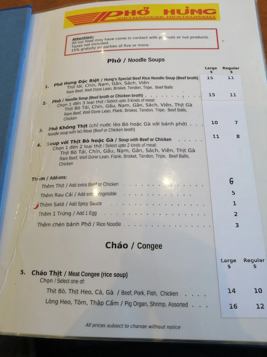 Menu, Phở Hưng Restaurant