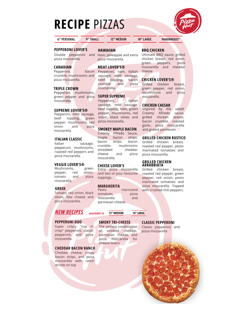 Menu, Pizza Hut