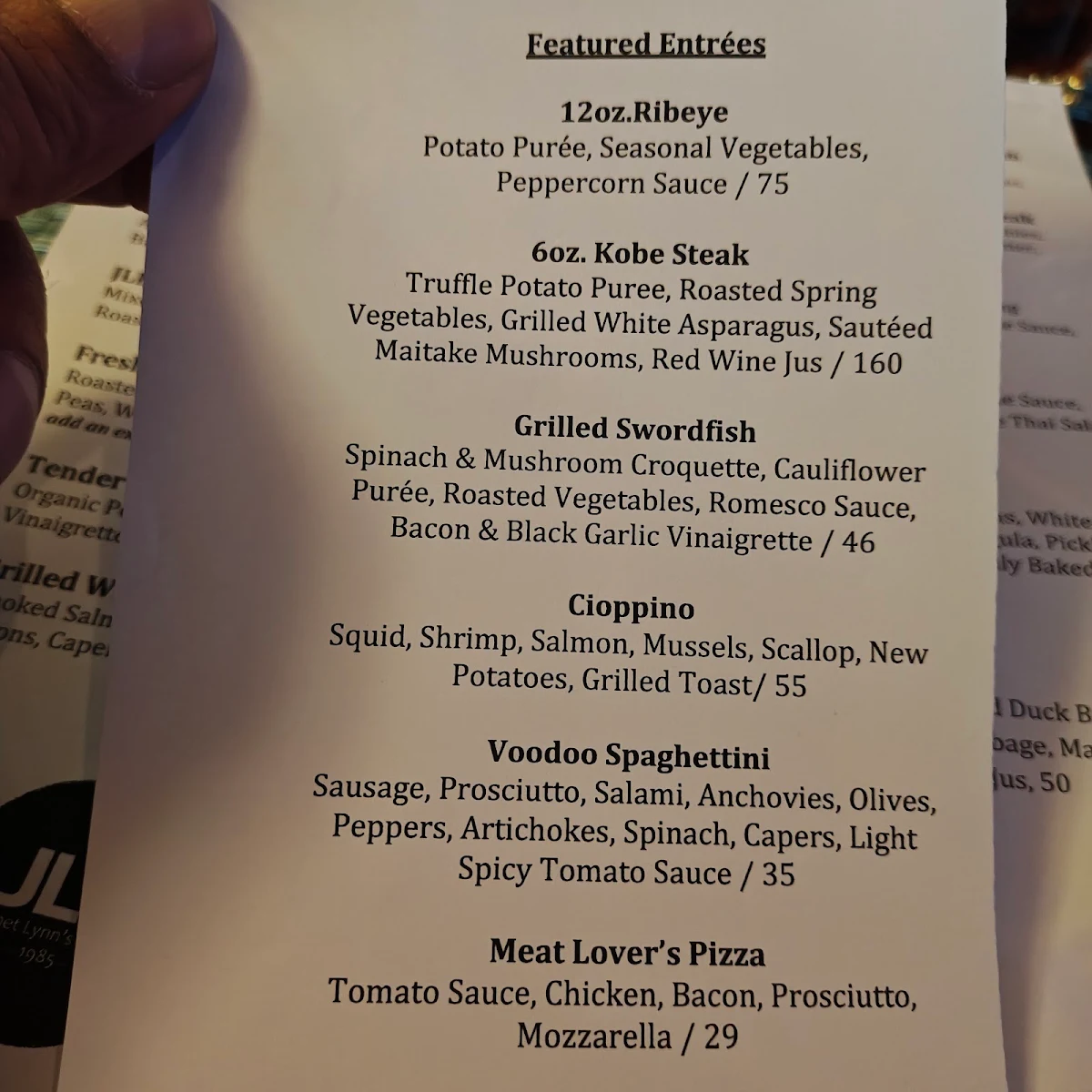 Menu, Janet Lynn's Bistro