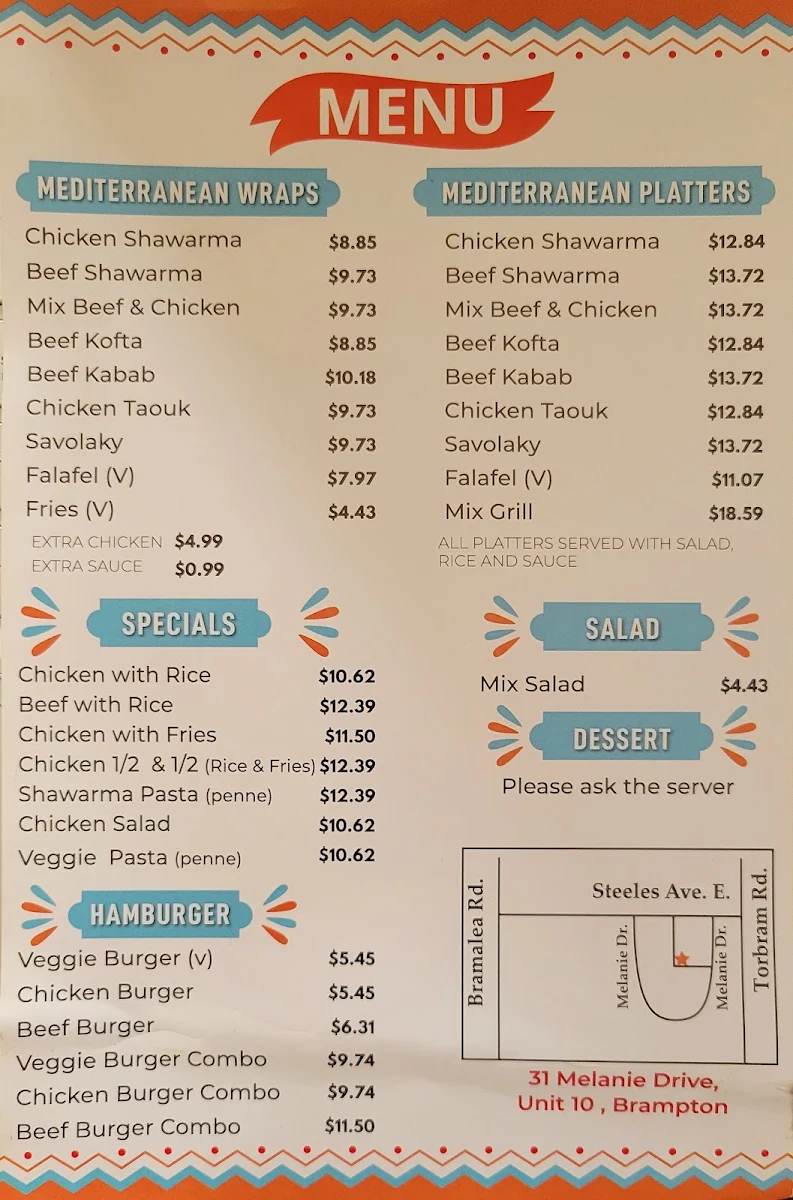 Menu, Shawarma Falafel & Bakery