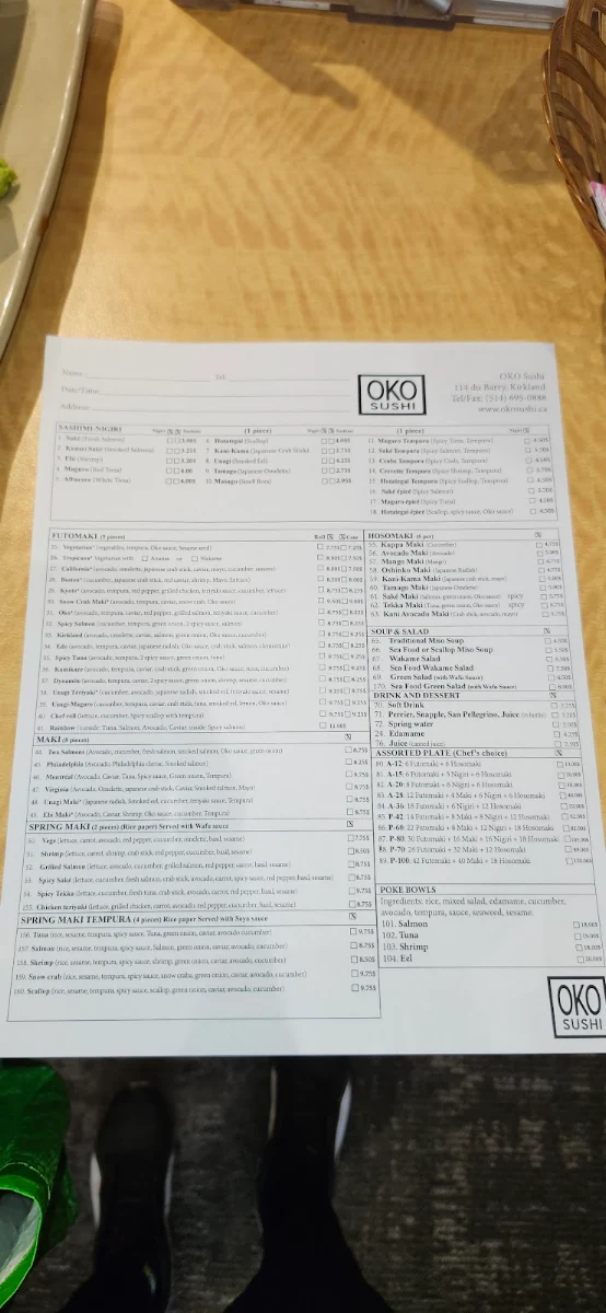 Menu, Oko Sushi