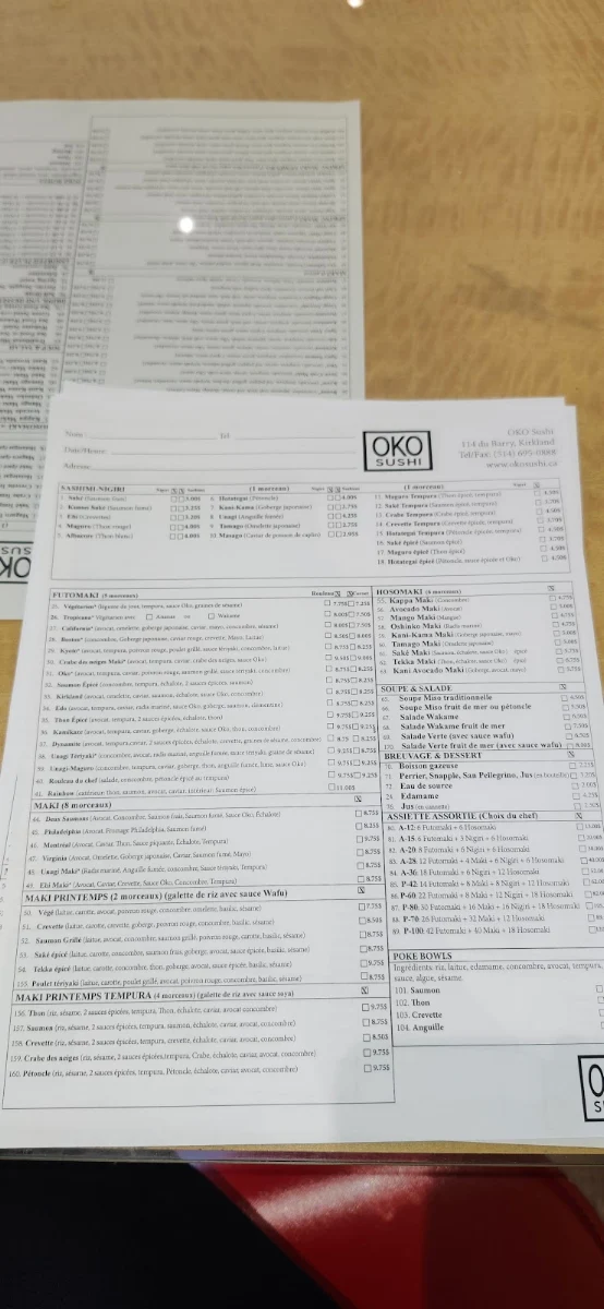 Menu, Oko Sushi