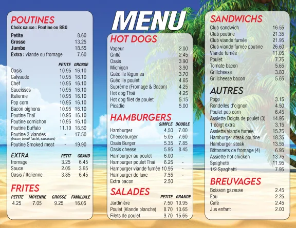 Menu, Oasis Glacée inc. (L')