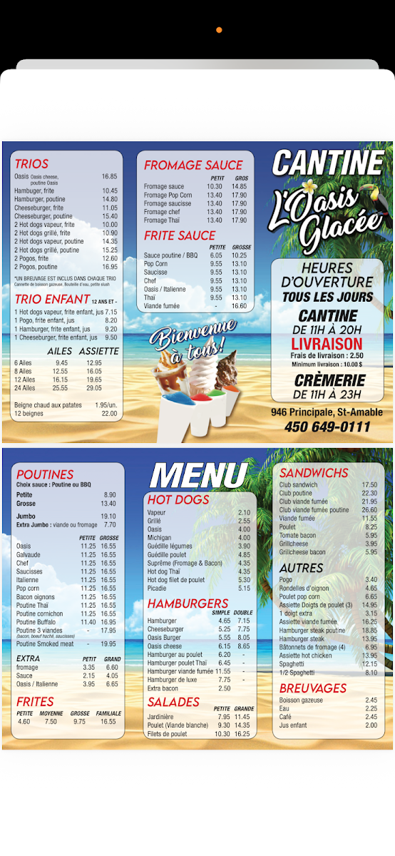 Menu, Oasis Glacée inc. (L')