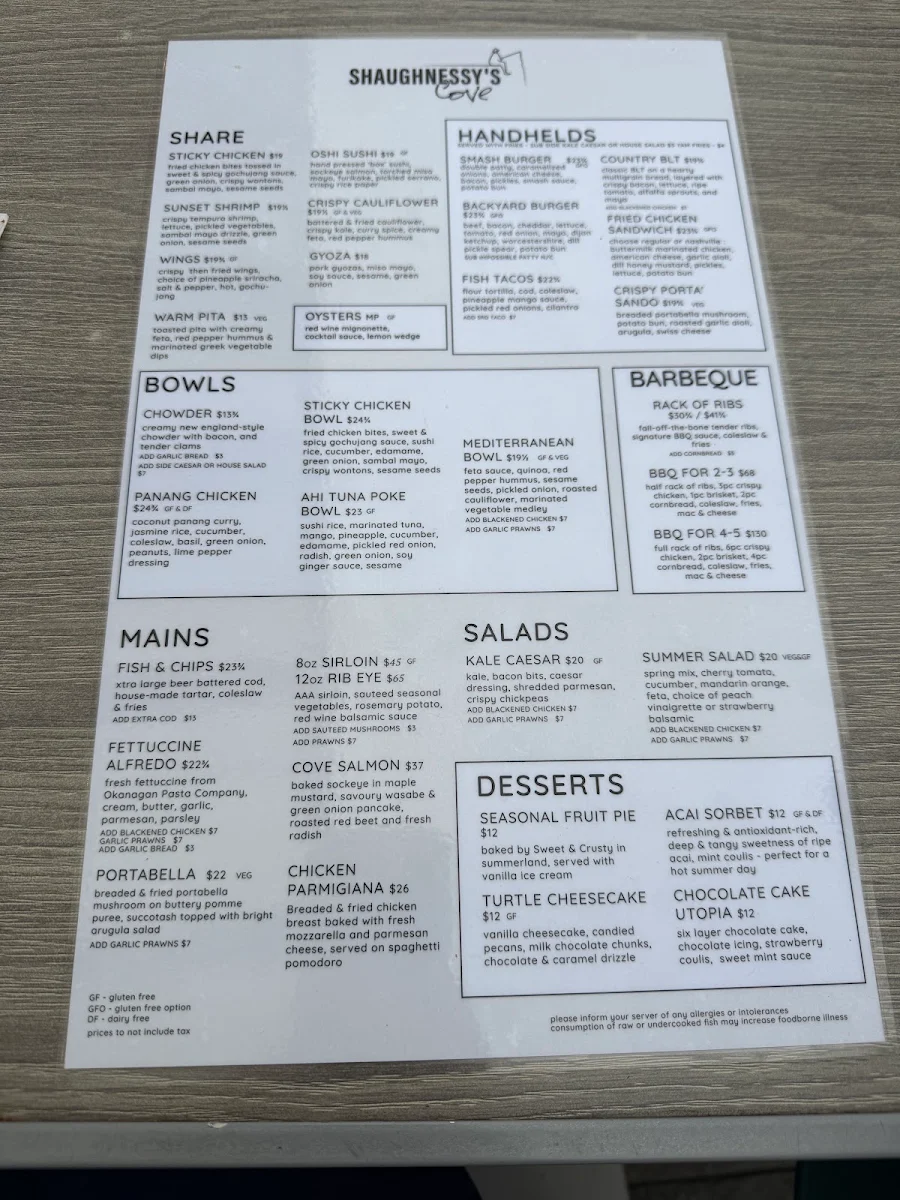 Menu, Shaughnessy's Cove