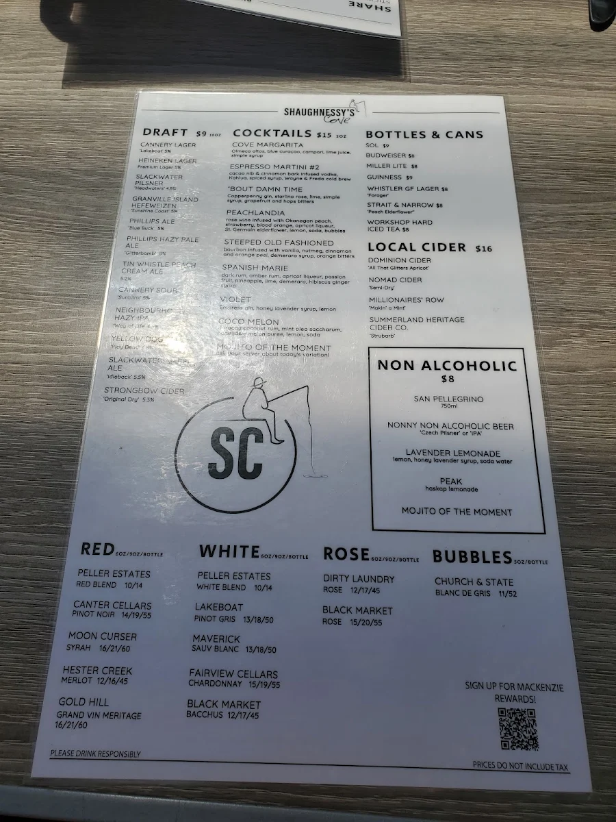 Menu, Shaughnessy's Cove